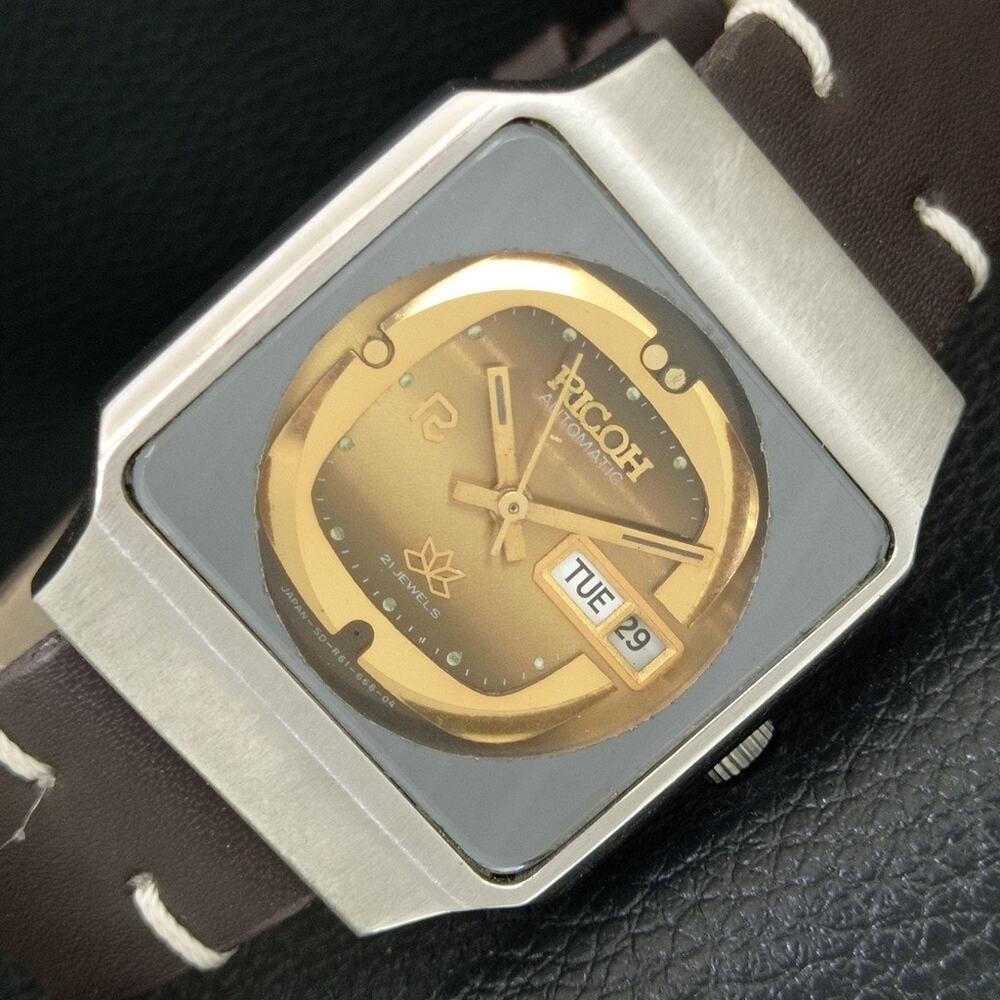 Vintage 1988 Ricoh Automatic Mens Silver Watch W/daydate & Gold accents